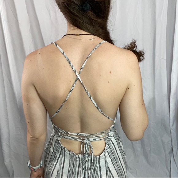 Forever 21 Stripped Jumpsuit Tank Top Pants Laced Open Back Small White Gray - Picture 3 of 11